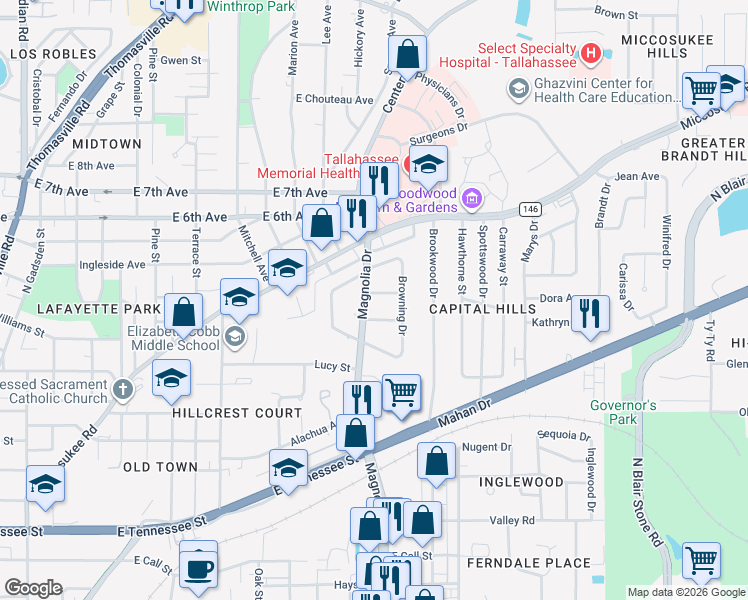 map of restaurants, bars, coffee shops, grocery stores, and more near 1403 Frederick Drive in Tallahassee