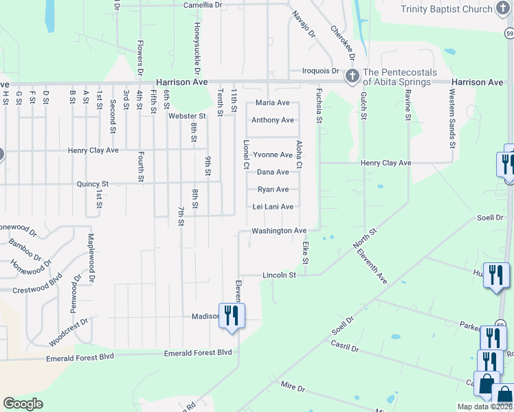 map of restaurants, bars, coffee shops, grocery stores, and more near 404 Lei Lani Avenue in Abita Springs