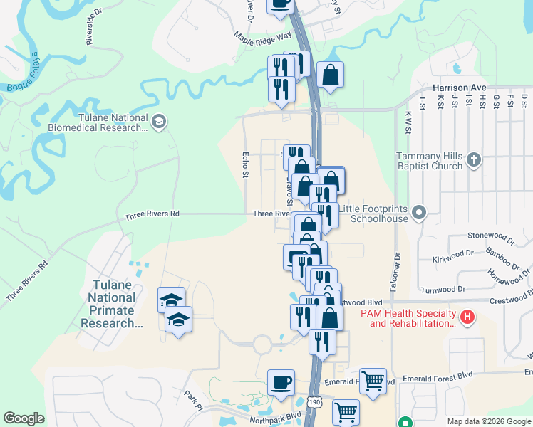 map of restaurants, bars, coffee shops, grocery stores, and more near 70360 Charlie Street in Covington