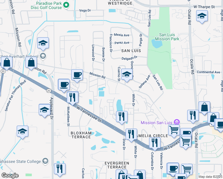 map of restaurants, bars, coffee shops, grocery stores, and more near 2425 West Mission Road in Tallahassee