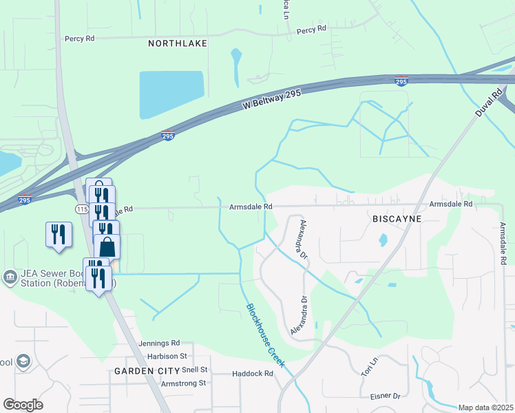 map of restaurants, bars, coffee shops, grocery stores, and more near 2875 Armsdale Road in Jacksonville
