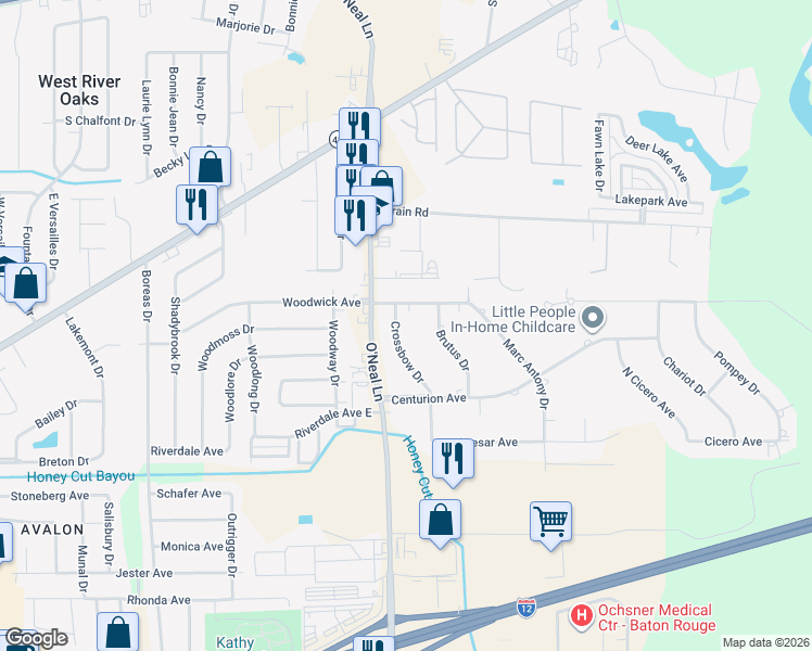 map of restaurants, bars, coffee shops, grocery stores, and more near 1115 Crossbow Drive in Baton Rouge