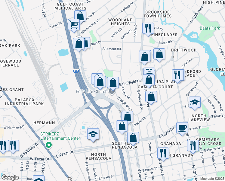 map of restaurants, bars, coffee shops, grocery stores, and more near 505 East Fairfield Drive in Pensacola