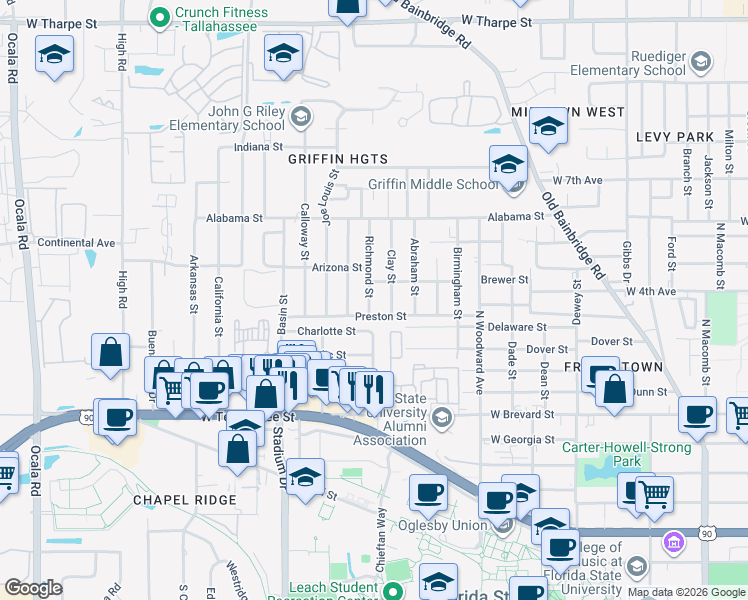 map of restaurants, bars, coffee shops, grocery stores, and more near 1304 Preston Street in Tallahassee