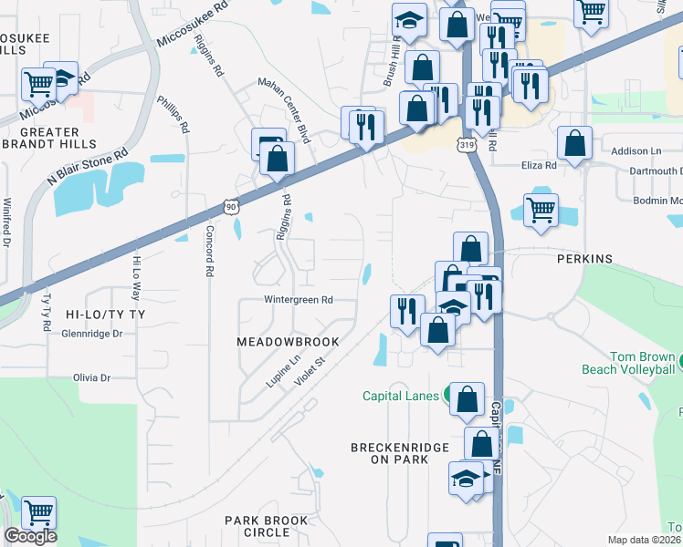 map of restaurants, bars, coffee shops, grocery stores, and more near 2429 Beautyberry Court in Tallahassee