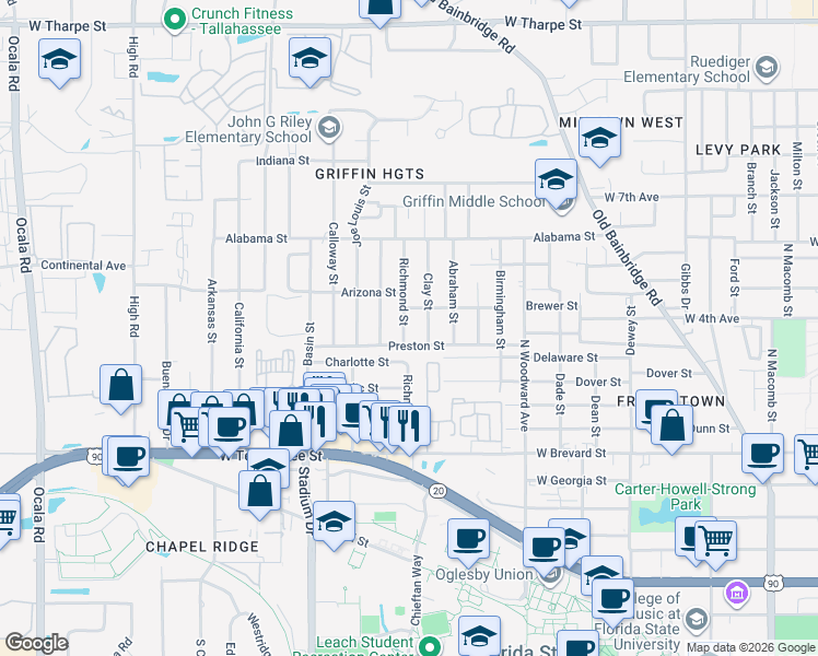 map of restaurants, bars, coffee shops, grocery stores, and more near 1304 Preston Street in Tallahassee