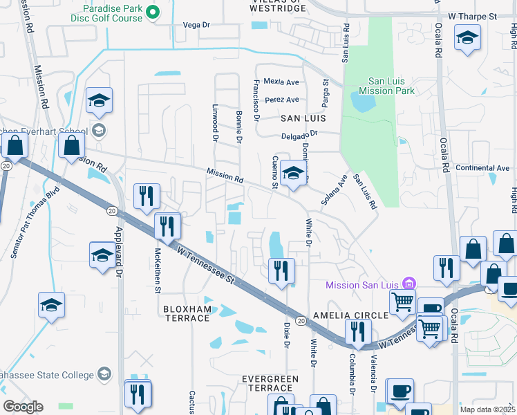 map of restaurants, bars, coffee shops, grocery stores, and more near 2425 West Mission Road in Tallahassee