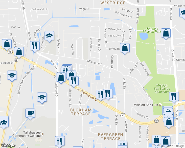 map of restaurants, bars, coffee shops, grocery stores, and more near 2566 West Tennessee Street in Tallahassee