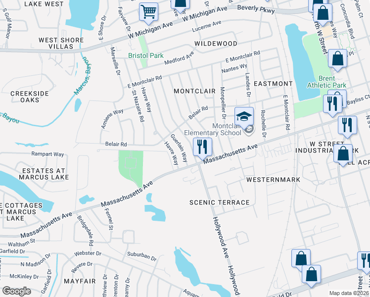 map of restaurants, bars, coffee shops, grocery stores, and more near 4408 Guerlain Way in Pensacola