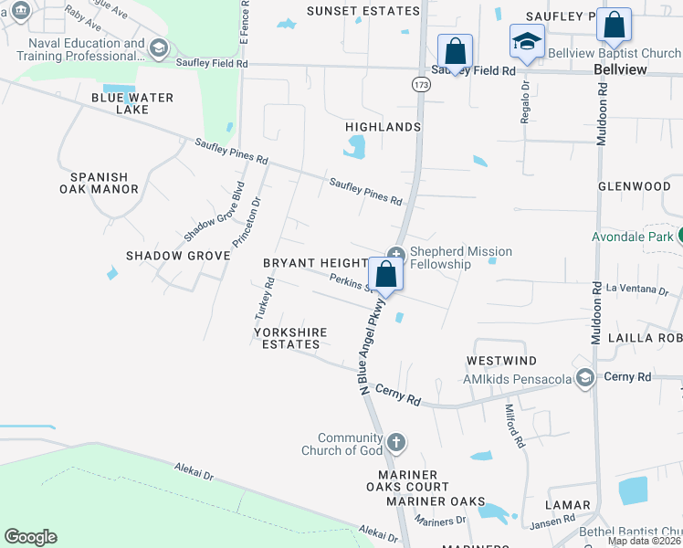 map of restaurants, bars, coffee shops, grocery stores, and more near 5721 Perkins Street in Pensacola