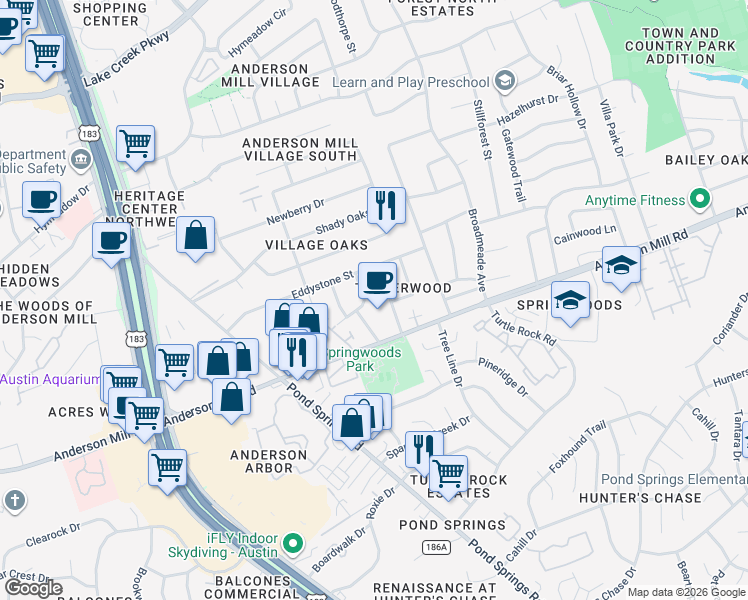 map of restaurants, bars, coffee shops, grocery stores, and more near 9208 Robins Nest Lane in Austin