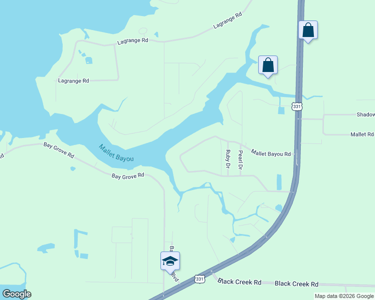 map of restaurants, bars, coffee shops, grocery stores, and more near 610 Mallet Bayou Road in Freeport