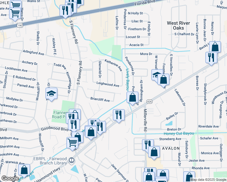 map of restaurants, bars, coffee shops, grocery stores, and more near 13851 Brookview Avenue in Baton Rouge