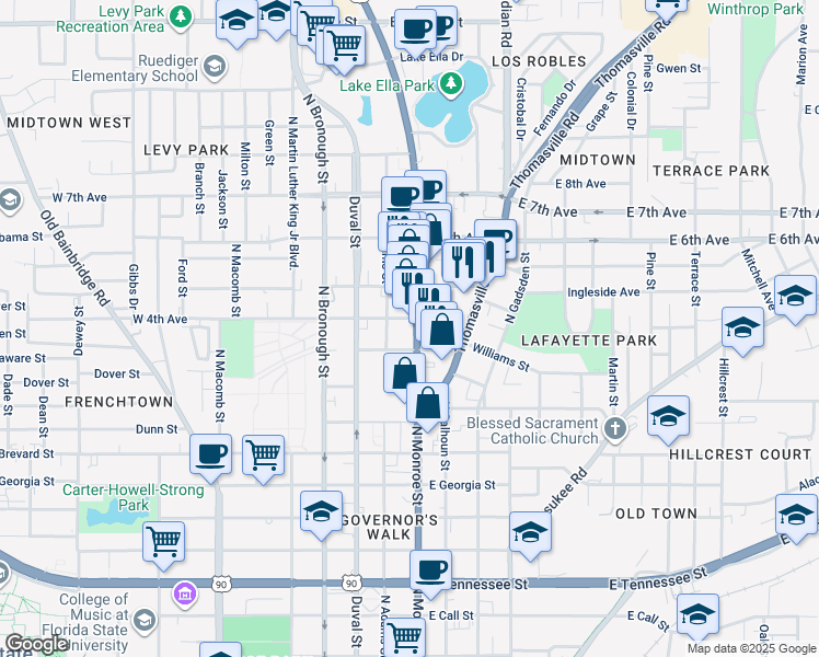 map of restaurants, bars, coffee shops, grocery stores, and more near 1035 North Monroe Street in Tallahassee