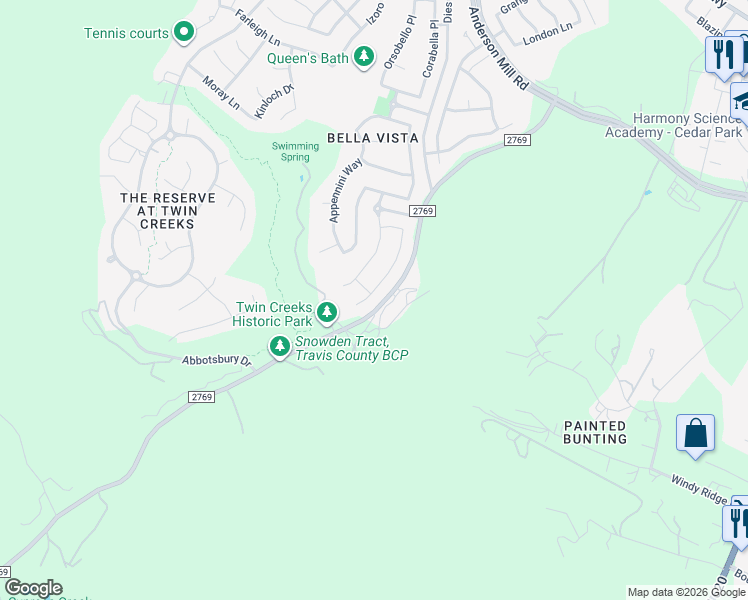 map of restaurants, bars, coffee shops, grocery stores, and more near 3200 Argento Place in Cedar Park