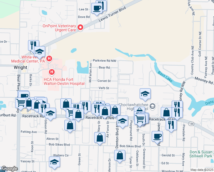 map of restaurants, bars, coffee shops, grocery stores, and more near 421 Verb Street in Fort Walton Beach