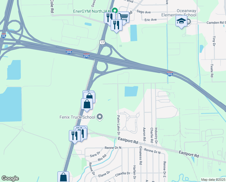 map of restaurants, bars, coffee shops, grocery stores, and more near 11912 Palm Lake Drive in Jacksonville