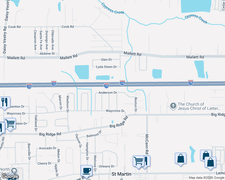 map of restaurants, bars, coffee shops, grocery stores, and more near 15413 Anderson Drive in Biloxi