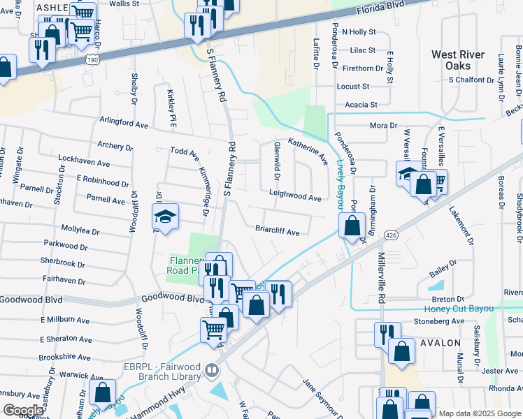 map of restaurants, bars, coffee shops, grocery stores, and more near 13658 Brookview Avenue in Baton Rouge
