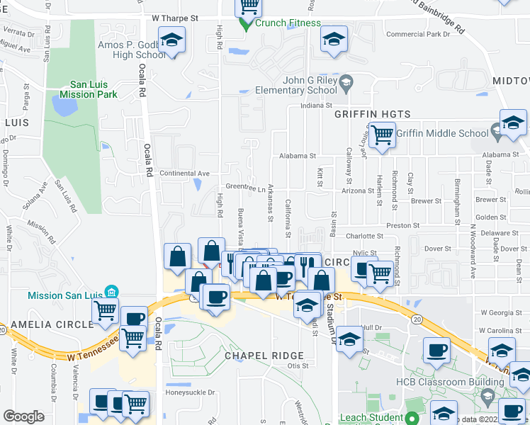 map of restaurants, bars, coffee shops, grocery stores, and more near 824 Arkansas Street in Tallahassee
