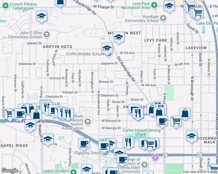 map of restaurants, bars, coffee shops, grocery stores, and more near 837 Golden Street in Tallahassee