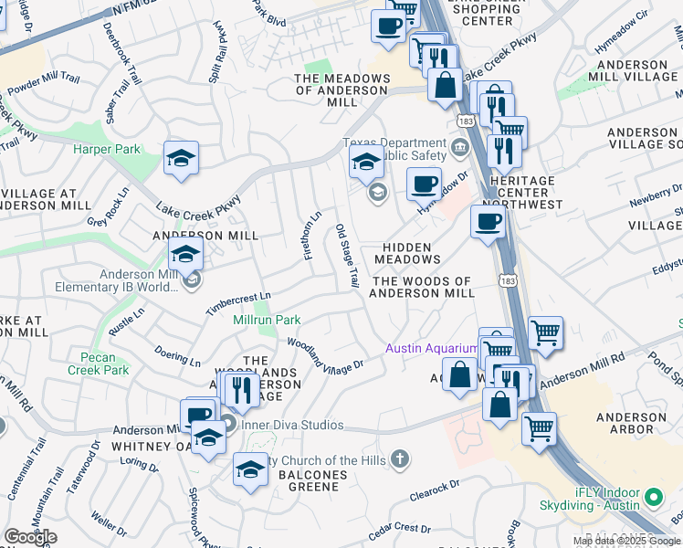 map of restaurants, bars, coffee shops, grocery stores, and more near 12207 Wallingstone Lane in Austin