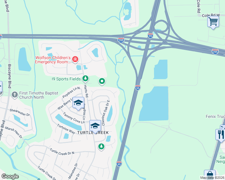 map of restaurants, bars, coffee shops, grocery stores, and more near 667 Cherry Bark Drive North in Jacksonville