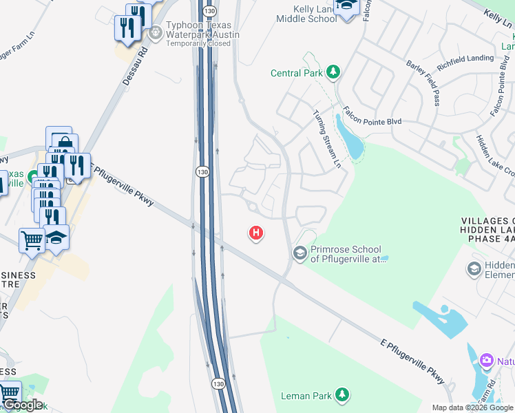 map of restaurants, bars, coffee shops, grocery stores, and more near 2105 Dillon Pond Lane in Pflugerville