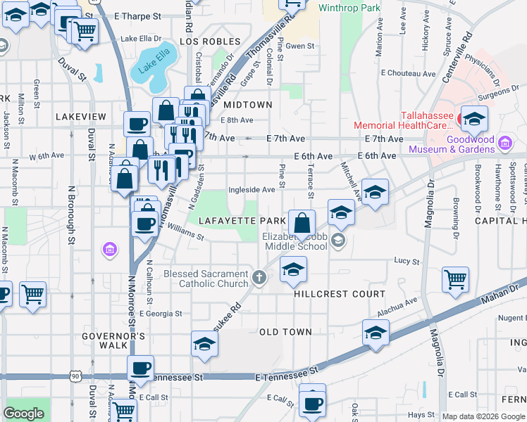 map of restaurants, bars, coffee shops, grocery stores, and more near 1025 Martin Street in Tallahassee