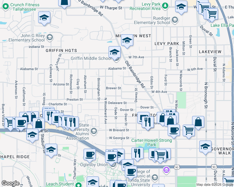 map of restaurants, bars, coffee shops, grocery stores, and more near 837 Golden Street in Tallahassee