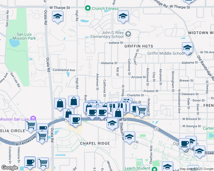 map of restaurants, bars, coffee shops, grocery stores, and more near 809 California Street in Tallahassee