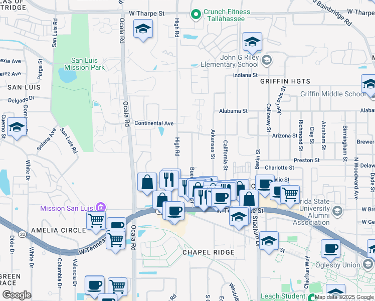 map of restaurants, bars, coffee shops, grocery stores, and more near 917 Buena Vista Drive in Tallahassee