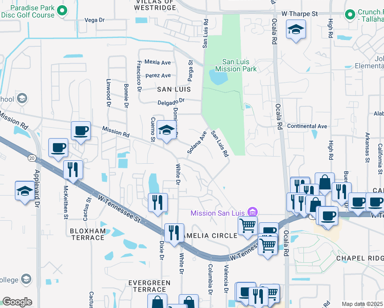 map of restaurants, bars, coffee shops, grocery stores, and more near 2323 Green Timbers Trail in Tallahassee