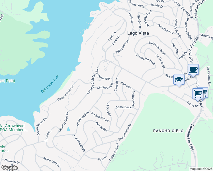 map of restaurants, bars, coffee shops, grocery stores, and more near 5609 Clubhouse Drive in Lago Vista