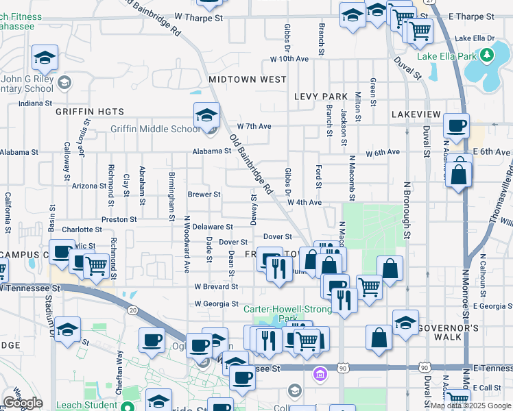 map of restaurants, bars, coffee shops, grocery stores, and more near 677 West 4th Avenue in Tallahassee