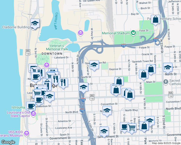 map of restaurants, bars, coffee shops, grocery stores, and more near 600 Canal Street in Baton Rouge
