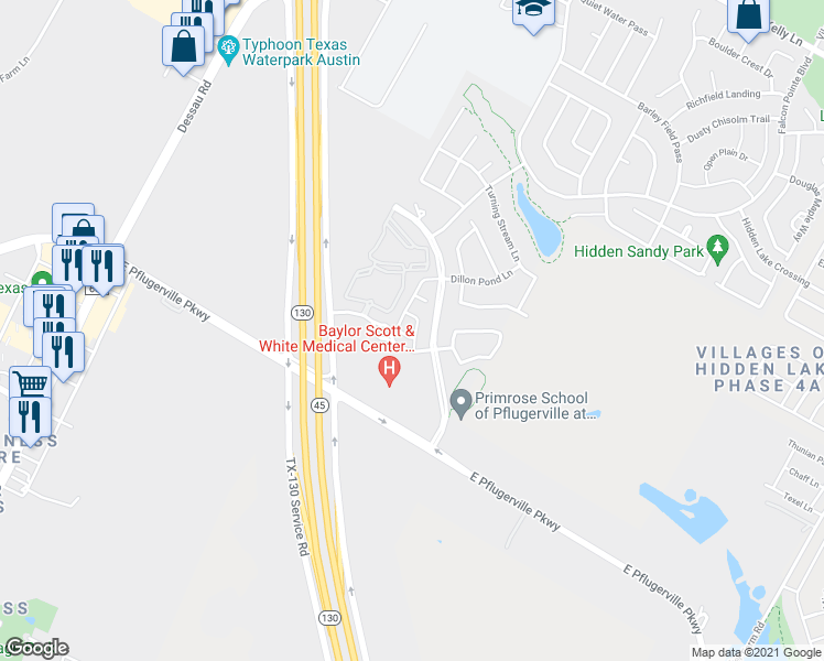 map of restaurants, bars, coffee shops, grocery stores, and more near 2103 Dillon Pond Lane in Pflugerville