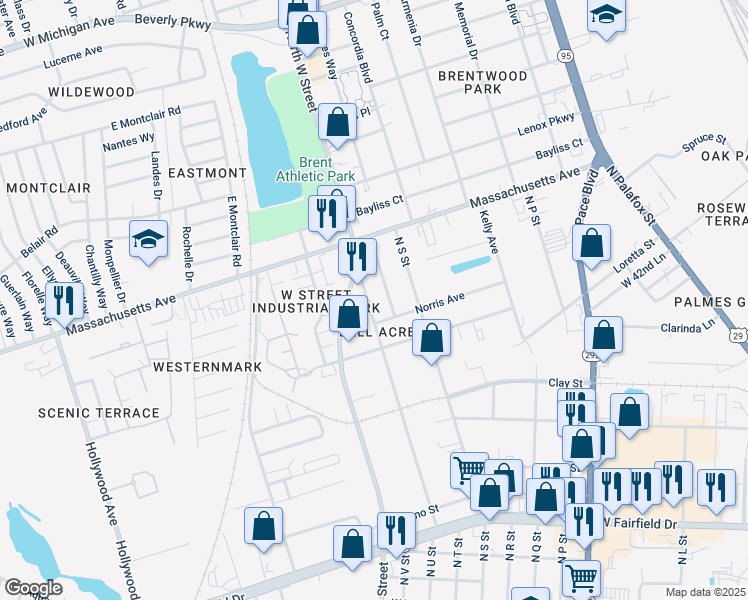 map of restaurants, bars, coffee shops, grocery stores, and more near 3636 Andrew Avenue in Pensacola