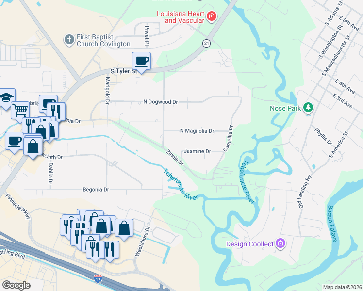 map of restaurants, bars, coffee shops, grocery stores, and more near 94 Jasmine Drive in Covington