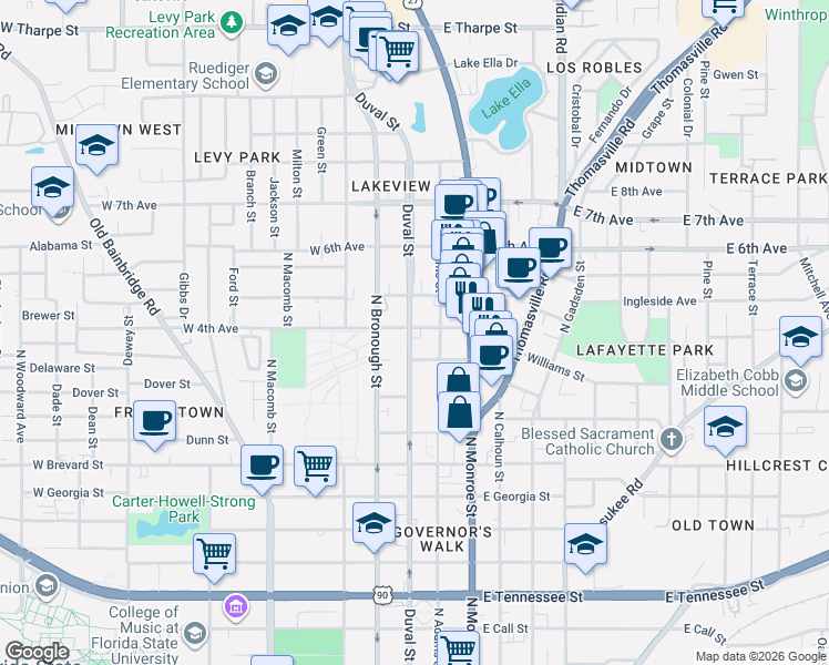 map of restaurants, bars, coffee shops, grocery stores, and more near 1000 North Duval Street in Tallahassee
