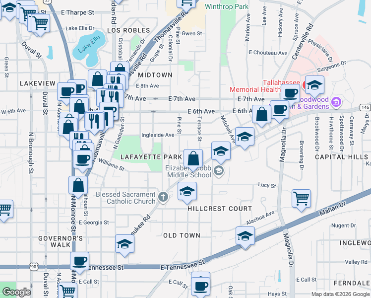 map of restaurants, bars, coffee shops, grocery stores, and more near 1009 Pine Street in Tallahassee