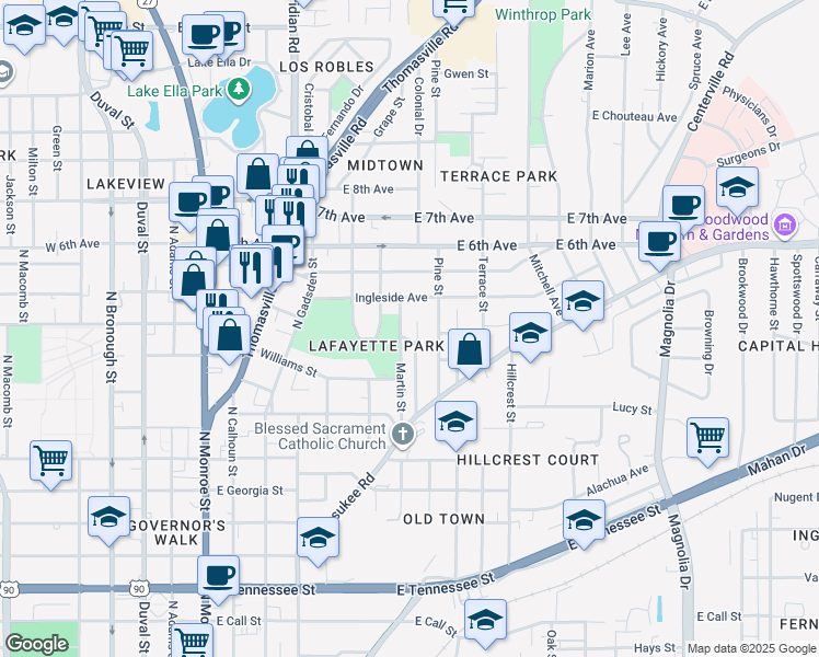 map of restaurants, bars, coffee shops, grocery stores, and more near 1025 Martin Street in Tallahassee