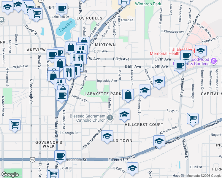 map of restaurants, bars, coffee shops, grocery stores, and more near 1025 Martin Street in Tallahassee