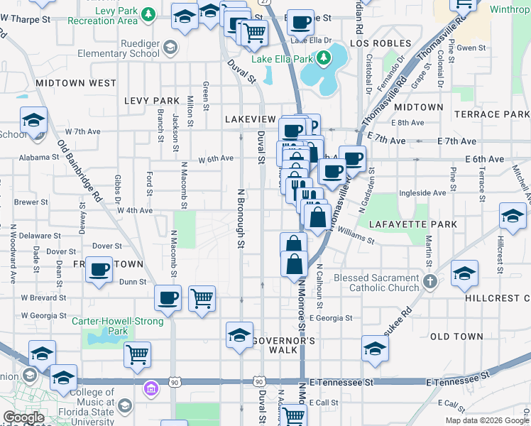 map of restaurants, bars, coffee shops, grocery stores, and more near 1000 North Duval Street in Tallahassee