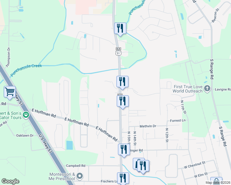 map of restaurants, bars, coffee shops, grocery stores, and more near 1646 U.S. 51 Business in Ponchatoula