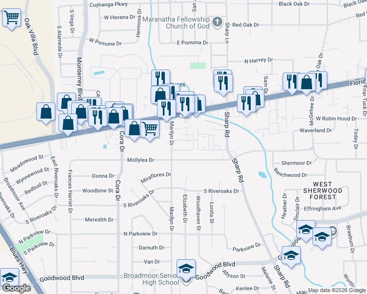 map of restaurants, bars, coffee shops, grocery stores, and more near 10035 Mollylea Drive in Baton Rouge