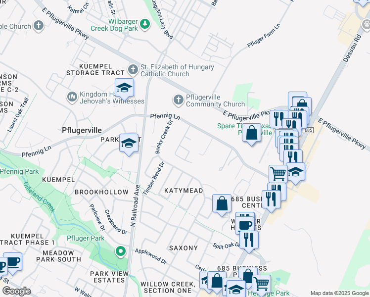 map of restaurants, bars, coffee shops, grocery stores, and more near 1306 Bear Peak Lane in Pflugerville