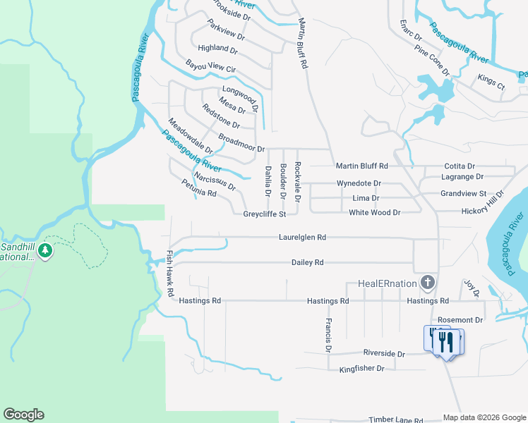 map of restaurants, bars, coffee shops, grocery stores, and more near 2021 Greycliffe St in Gautier