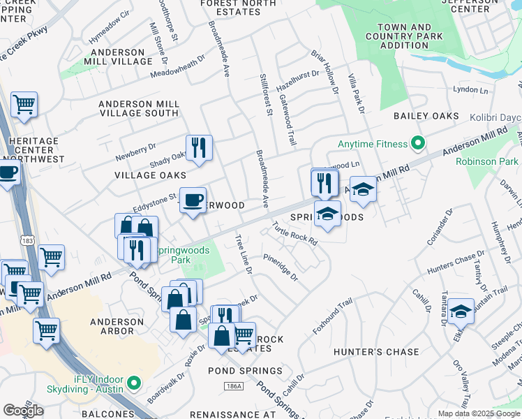 map of restaurants, bars, coffee shops, grocery stores, and more near 9000 Anderson Mill Road in Austin
