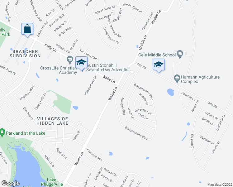 map of restaurants, bars, coffee shops, grocery stores, and more near 17624 Bridgefarmer Boulevard in Pflugerville